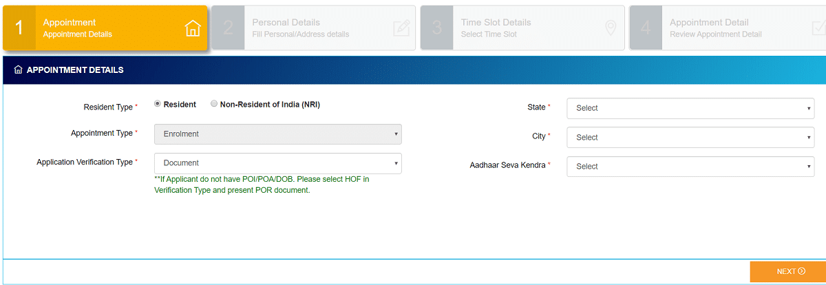 baal aadhar card appointment booking form