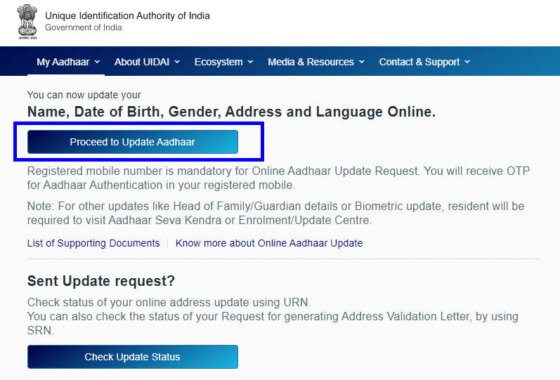 Aadhar card online correction update